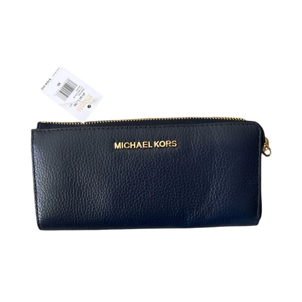 Michael Kors Navy Jet Set Travel 3/4 Zip Wallet NWT